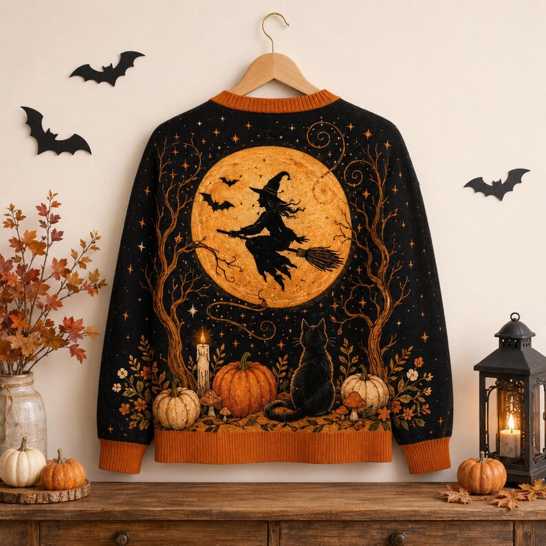Spooky Season Pumpkin Black Cat Personalized Women's Button Down Knitted Cardigan CELD17