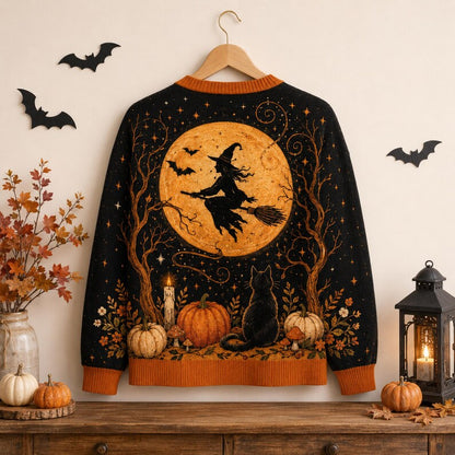 Spooky Season Pumpkin Black Cat Personalized Women's Button Down Knitted Cardigan CELD17