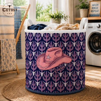 Pink Cowgirl Hat Personalized Quilted Laundry Basket TN04