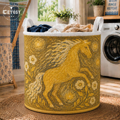 Starry Night Golden Horse Quilted Laundry Basket TN05