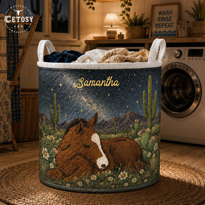 Western Horse Starry Night Personalized Quilted Laundry Basket TN06