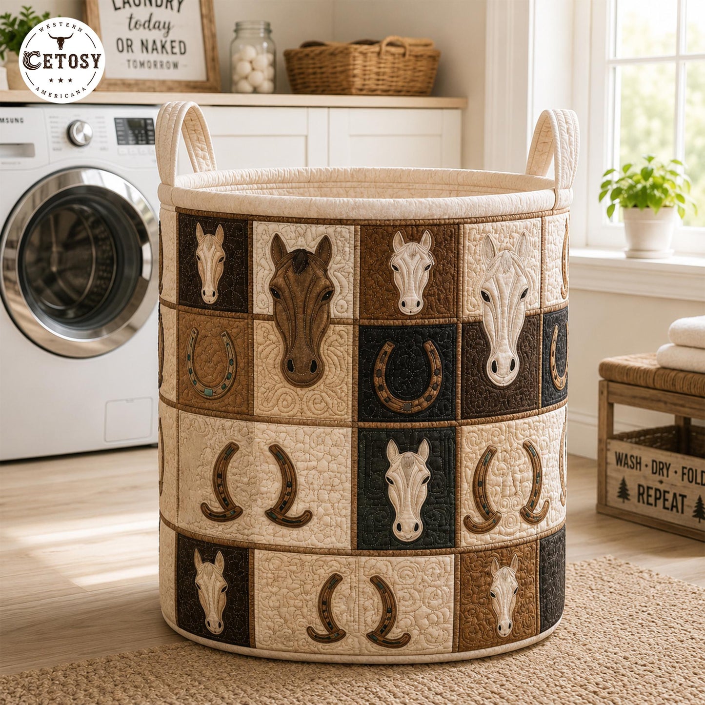 Western Horse Canvas Quilted Laundry Basket TP03