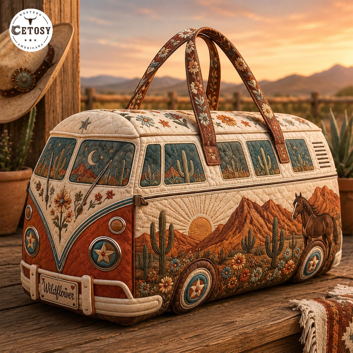 Boho Western Cowgirl VW Bus Quilted Duffle Bag TP04