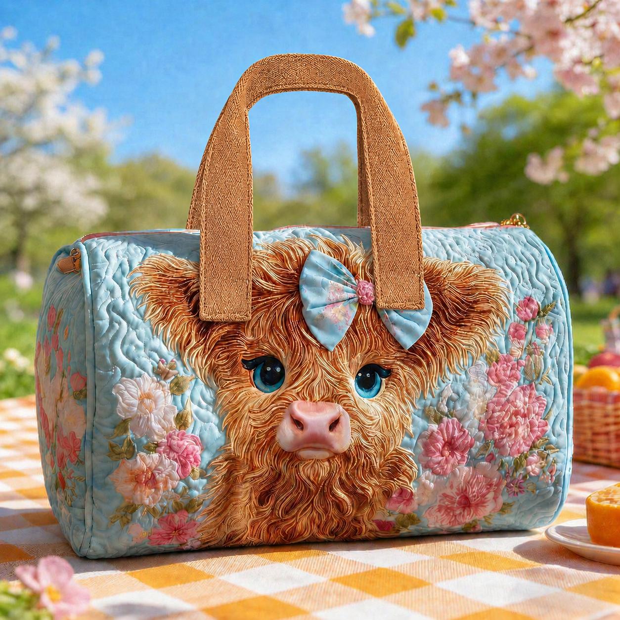 Floral Highland Cow Quilted Duffle Bag CETP23