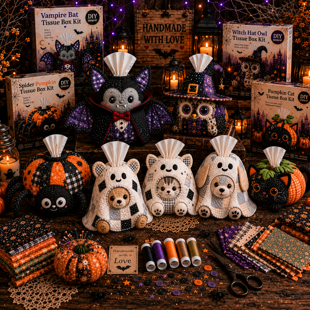 DIY Patchwork Halloween Tissue Box Cover Kit | Cute Spooky Characters Series
