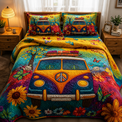 Retro Peace & Love Hippie Van Quilted Bedding Set CELD01