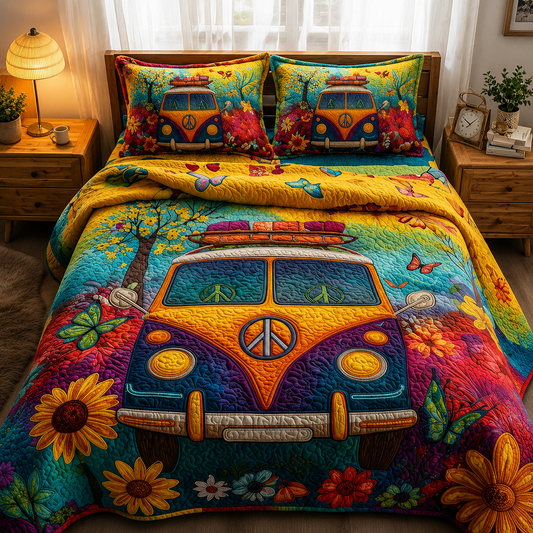 Retro Peace & Love Hippie Van Quilted Bedding Set CELD01