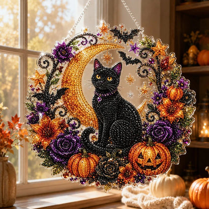 DIY Halloween Diamond Art - Black Cat & Moon Hanging Ornament