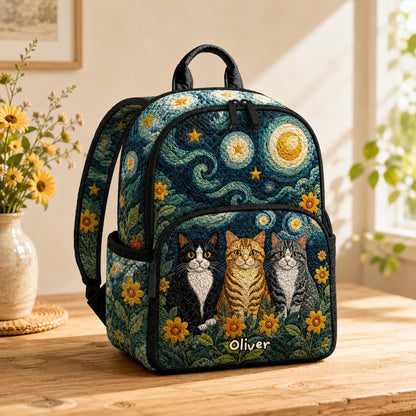 Starry Night Cat Custom Name Quilted Backpack CELV01