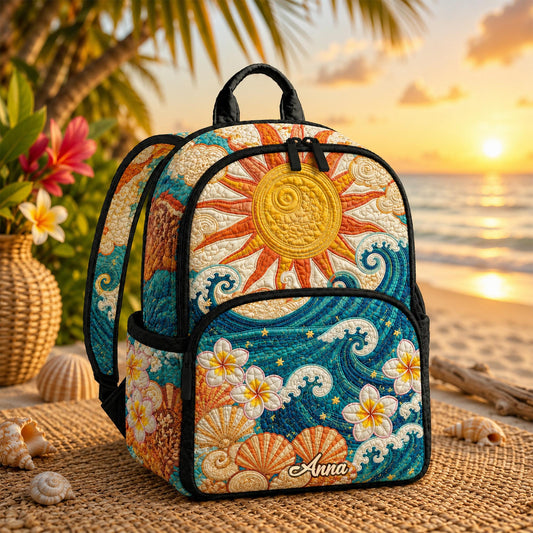 Personalized Sun and Ocean Waves Quilted Backpack CELV02