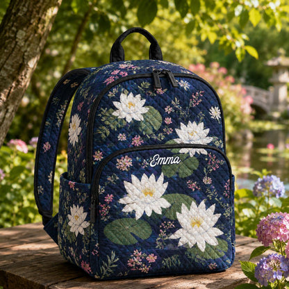 Personalized White Lotus Quilted Backpack CETN03