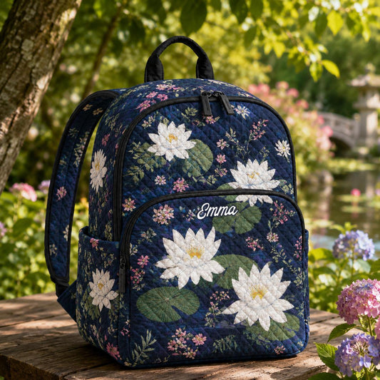 Personalized White Lotus Quilted Backpack CETN03