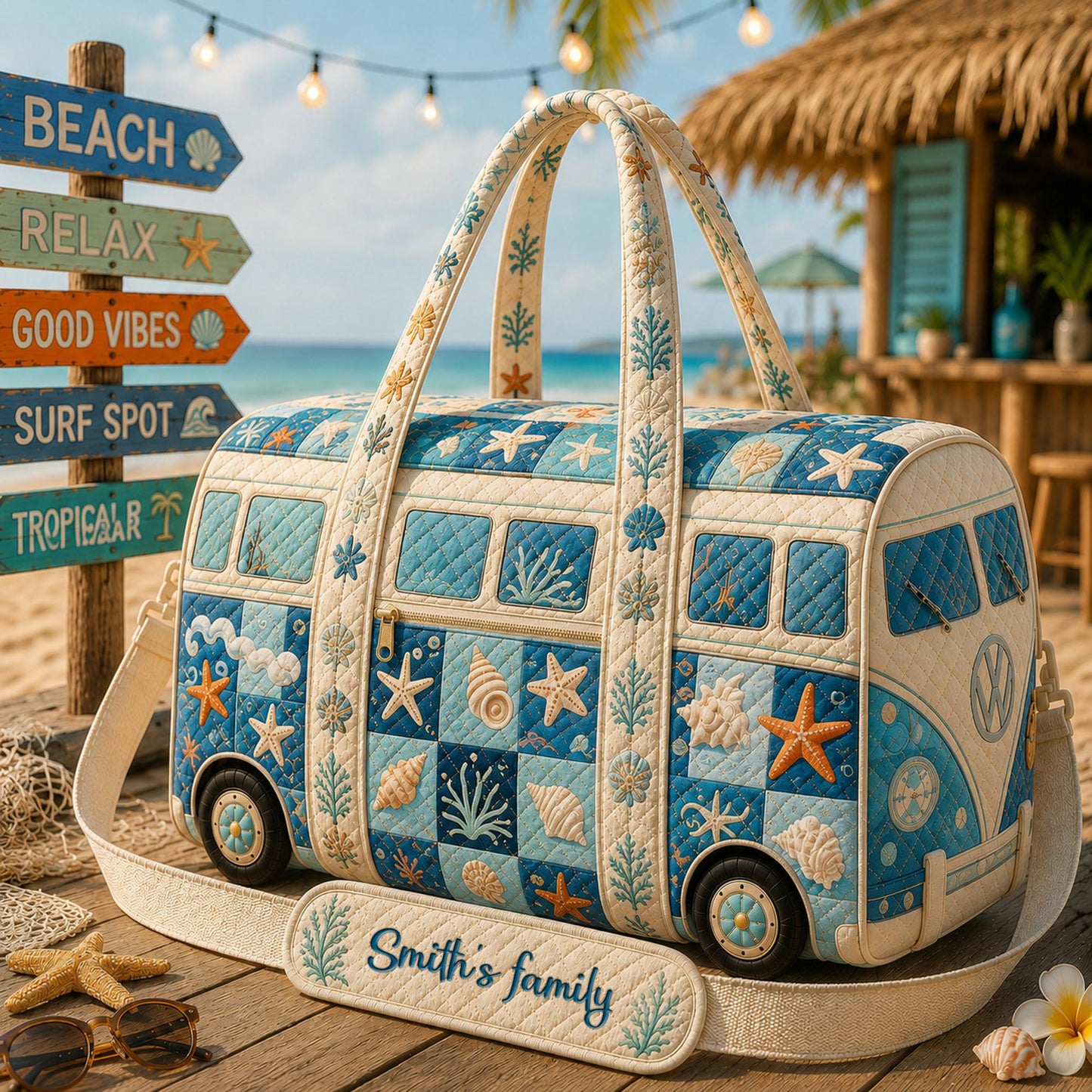 Personalized Ocean Life Camper Van Quilted Travel Bag CETP09
