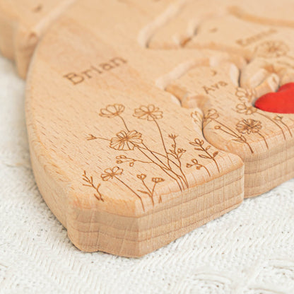 Hugging Bear Family Floral Version - Personalized Wooden Bear Family Puzzle