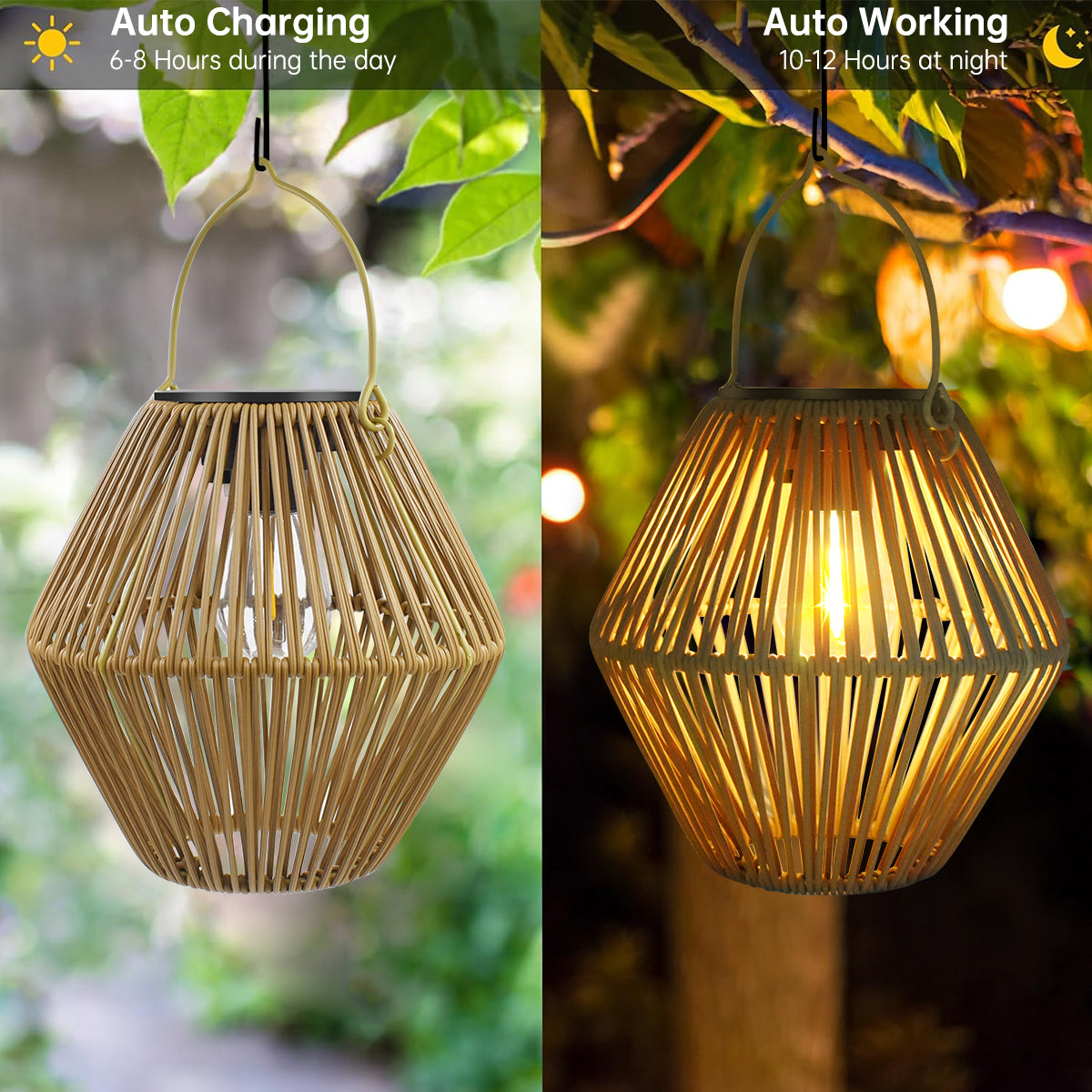 Solar Powered Lantern Outdoor Boho-Style Handmade Rattan Solar Floor Lamp LD76