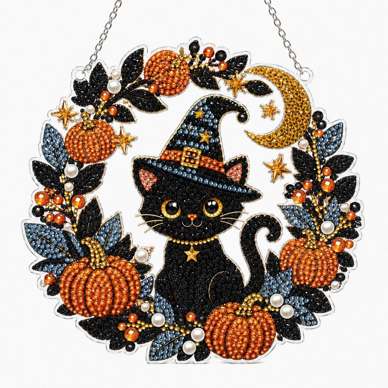 DIY Black Cat & Pumpkin Diamond Art Kit - Halloween Acrylic Hanging Decor