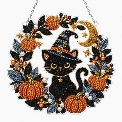 DIY Black Cat & Pumpkin Diamond Art Kit - Halloween Acrylic Hanging Decor