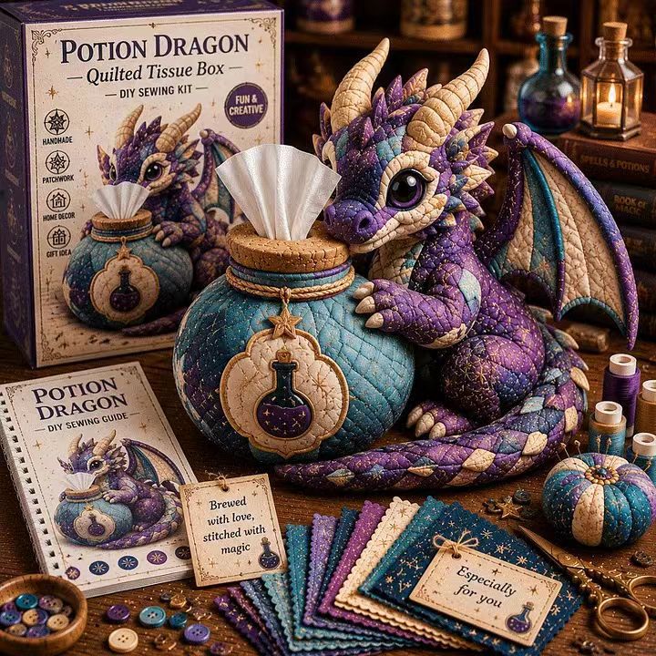 DIY Patchwork Dragon Tissue Box Cover Kit | Cute Mythical Creatures Series