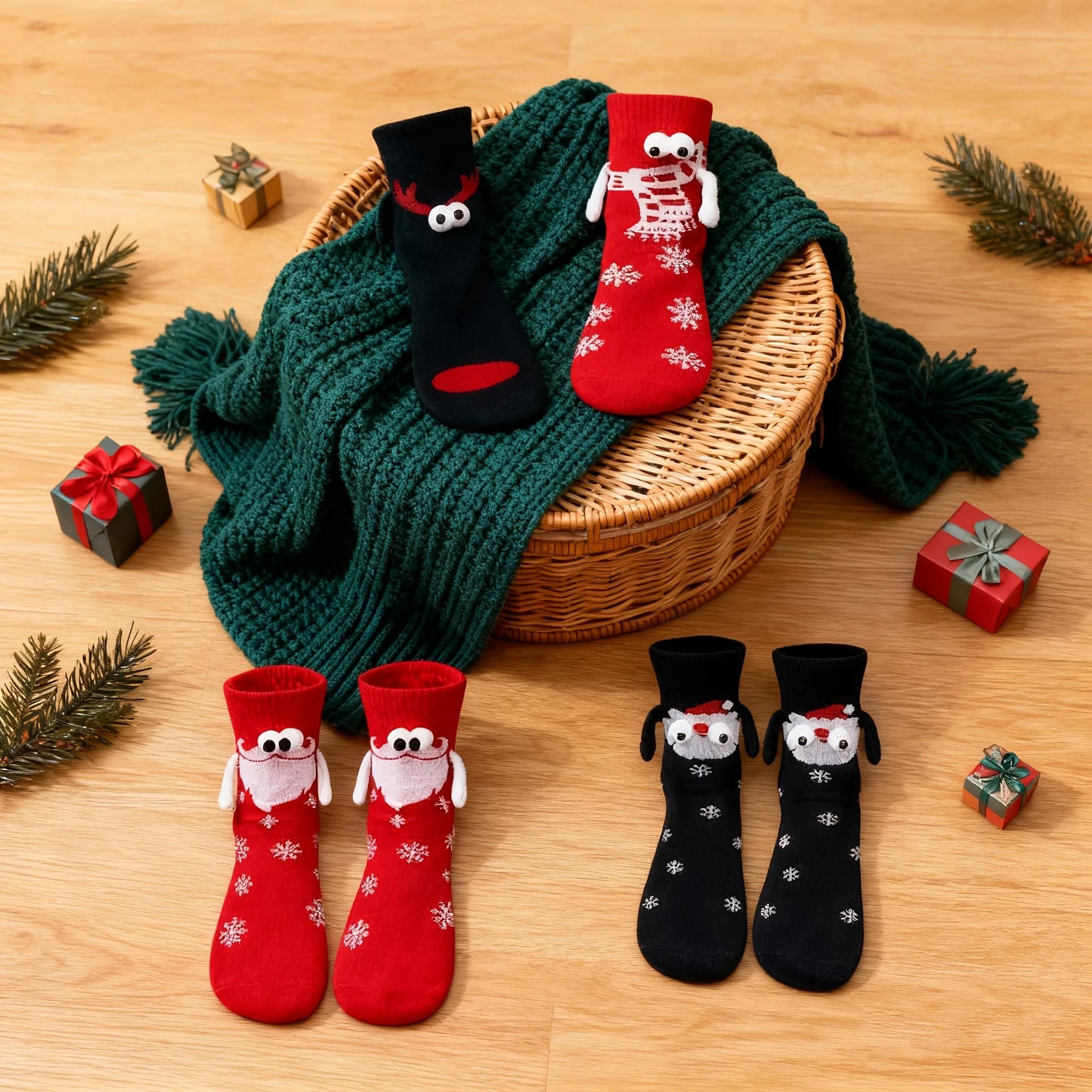 3D Cartoon Christmas Socks - 2 Pairs (Red and Green)