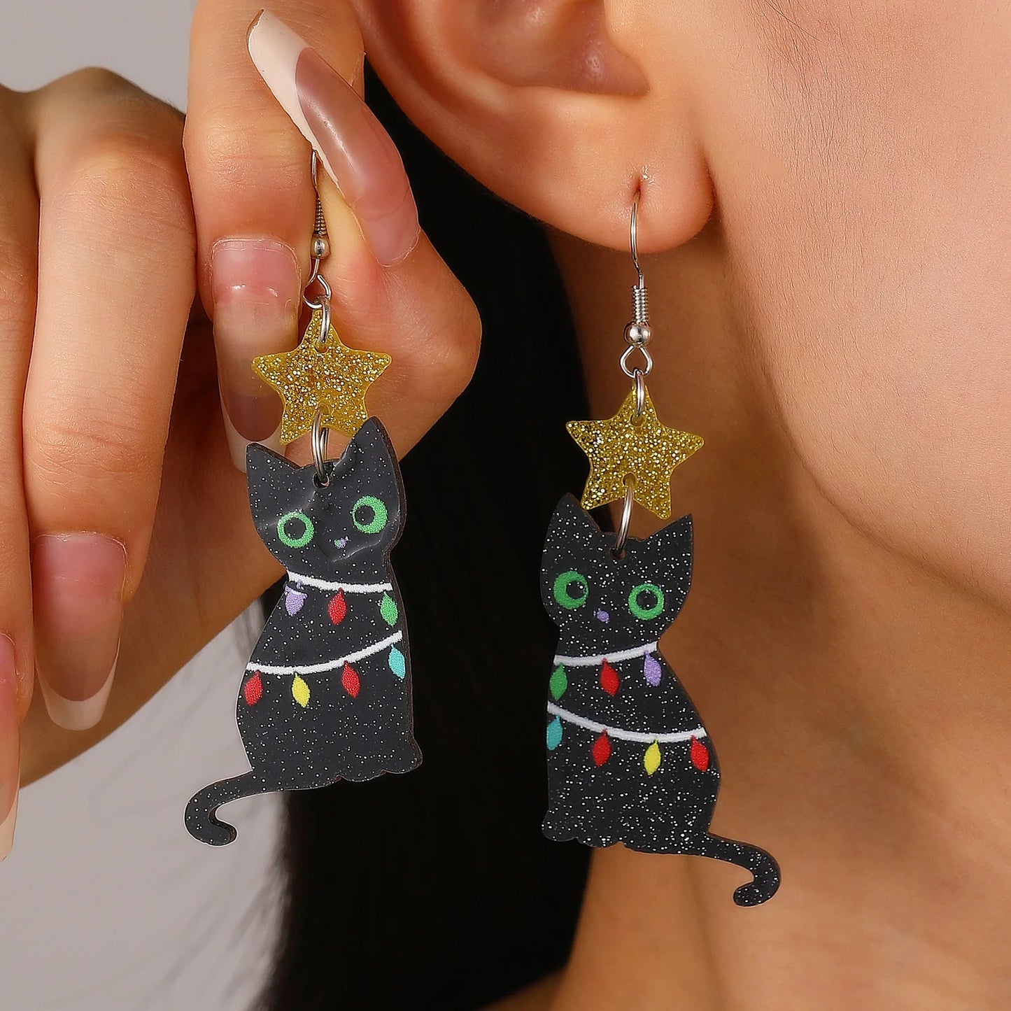 Black Cat Christmas Earrings