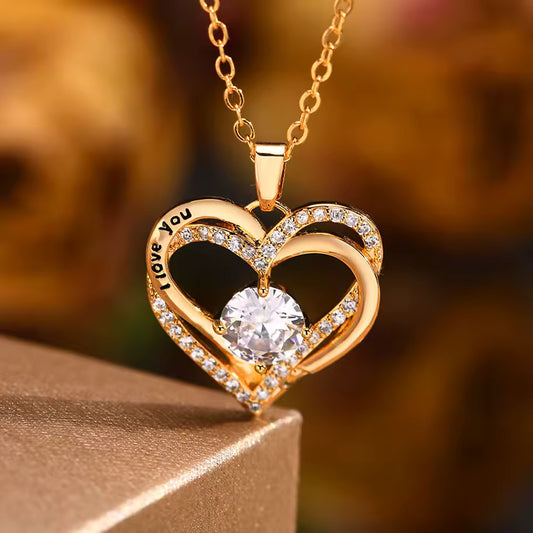 I Love You Engraved Double Heart Necklace