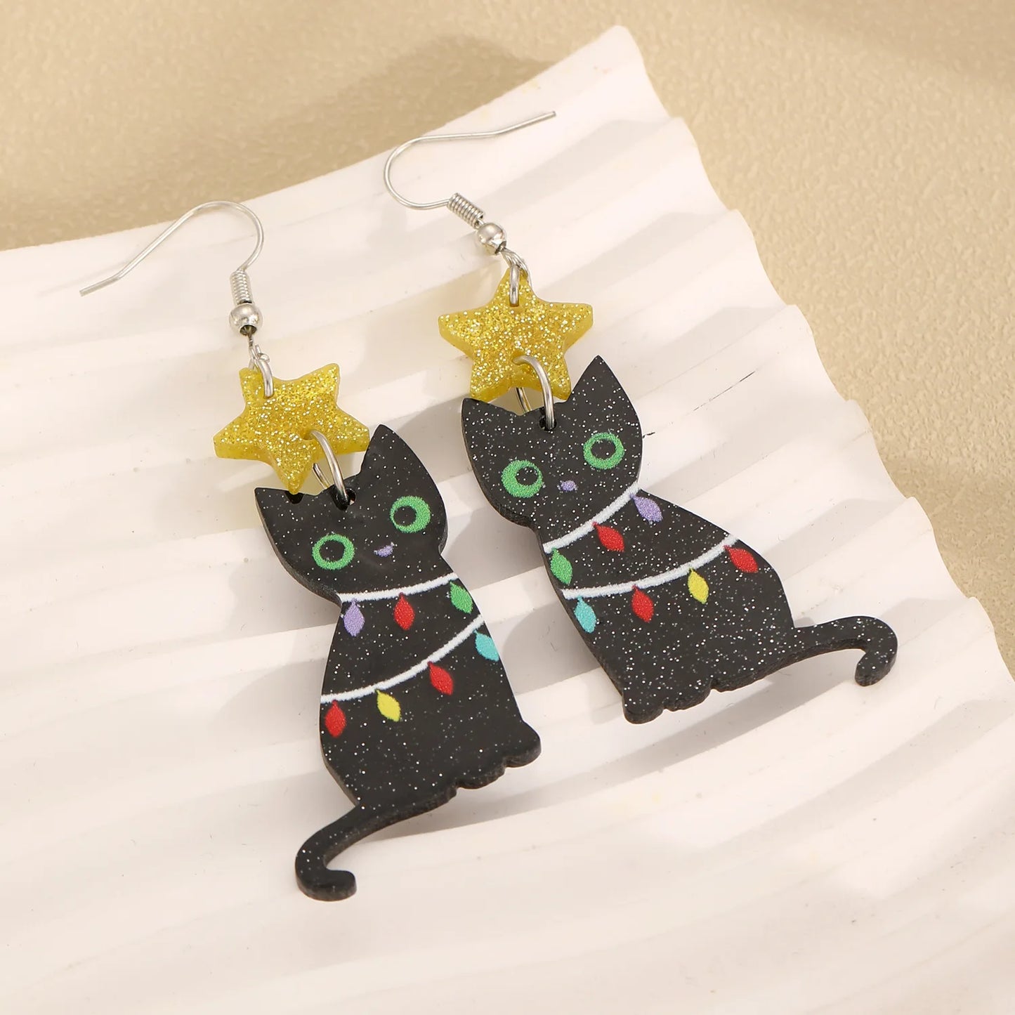 Black Cat Christmas Earrings