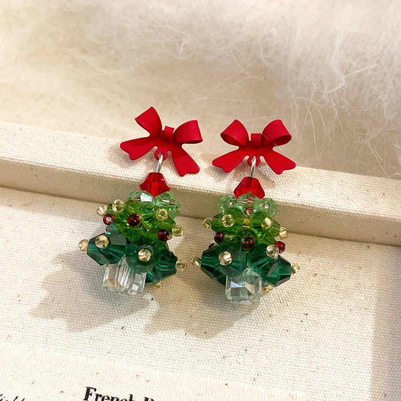 Red Bow Christmas Tree Earrings