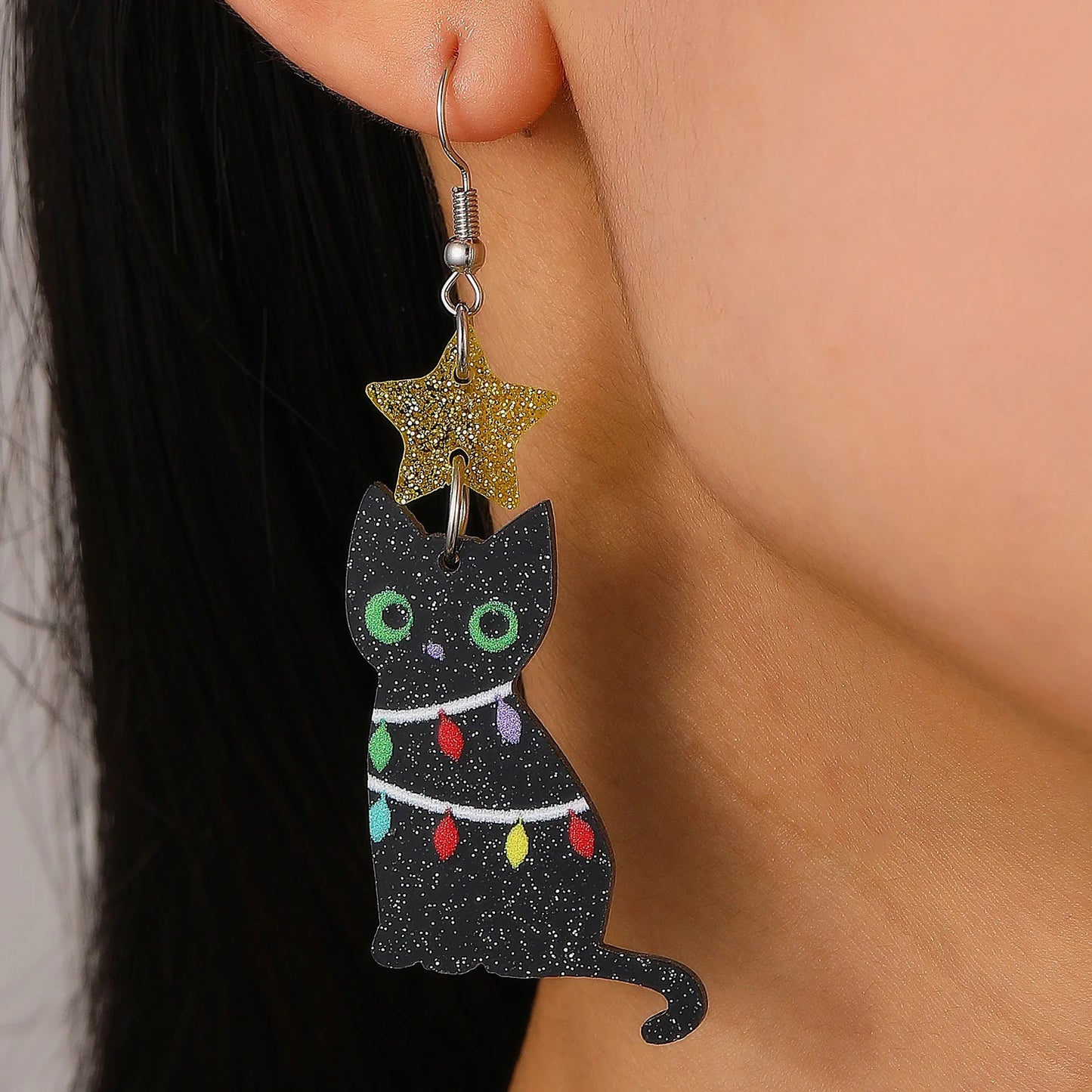 Black Cat Christmas Earrings
