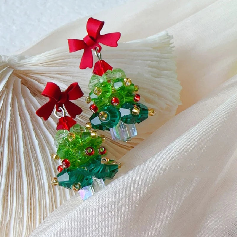 Red Bow Christmas Tree Earrings