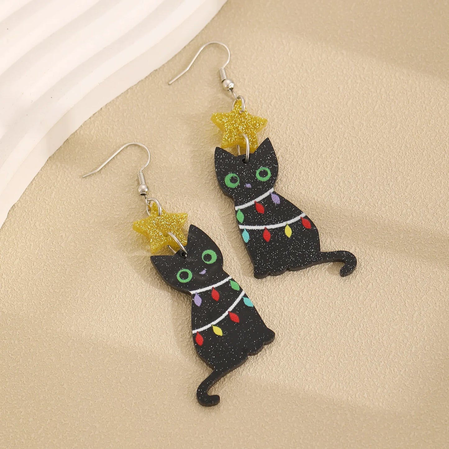 Black Cat Christmas Earrings