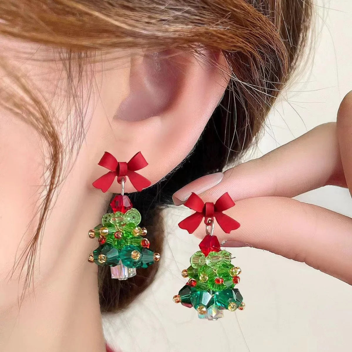 Red Bow Christmas Tree Earrings