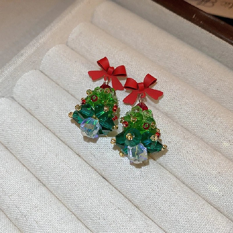Red Bow Christmas Tree Earrings