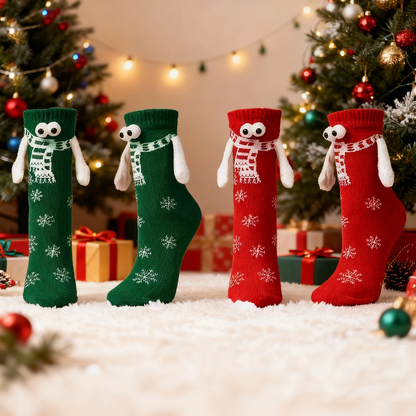 3D Cartoon Christmas Socks - 2 Pairs (Red and Green)