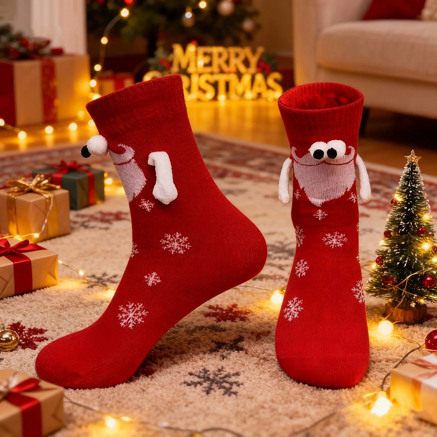 3D Cartoon Christmas Socks - 2 Pairs (Red and Green)