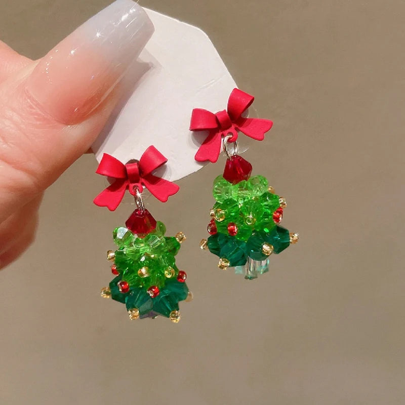 Red Bow Christmas Tree Earrings