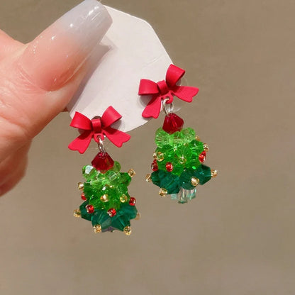 Red Bow Christmas Tree Earrings
