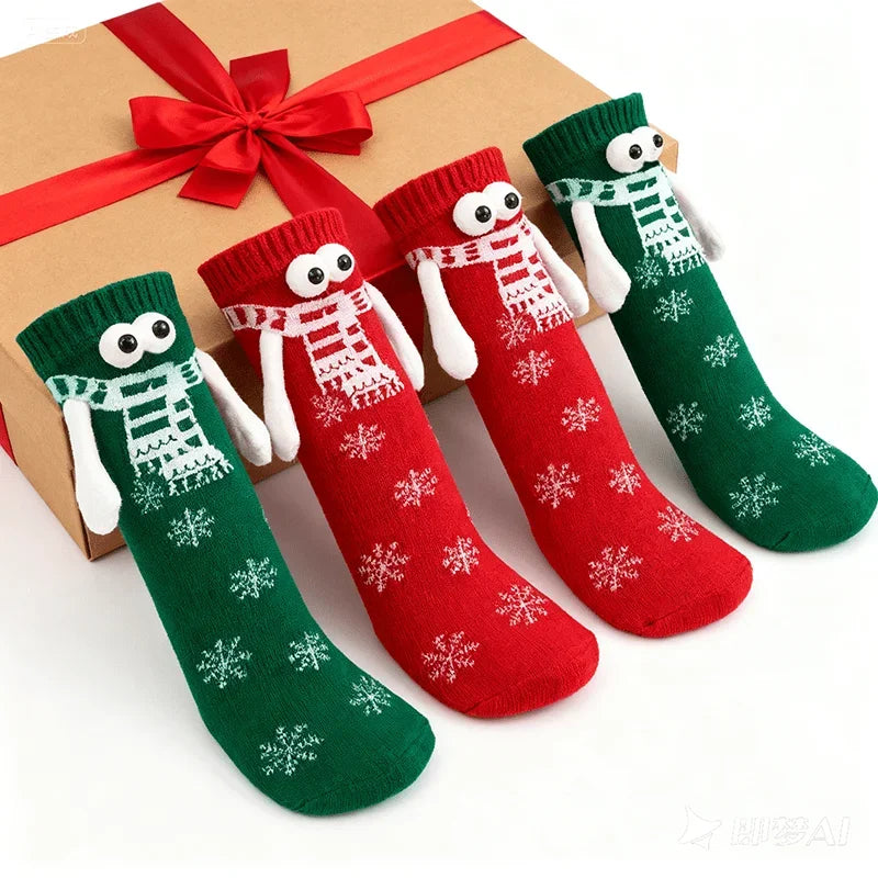 3D Cartoon Christmas Socks - 2 Pairs (Red and Green)