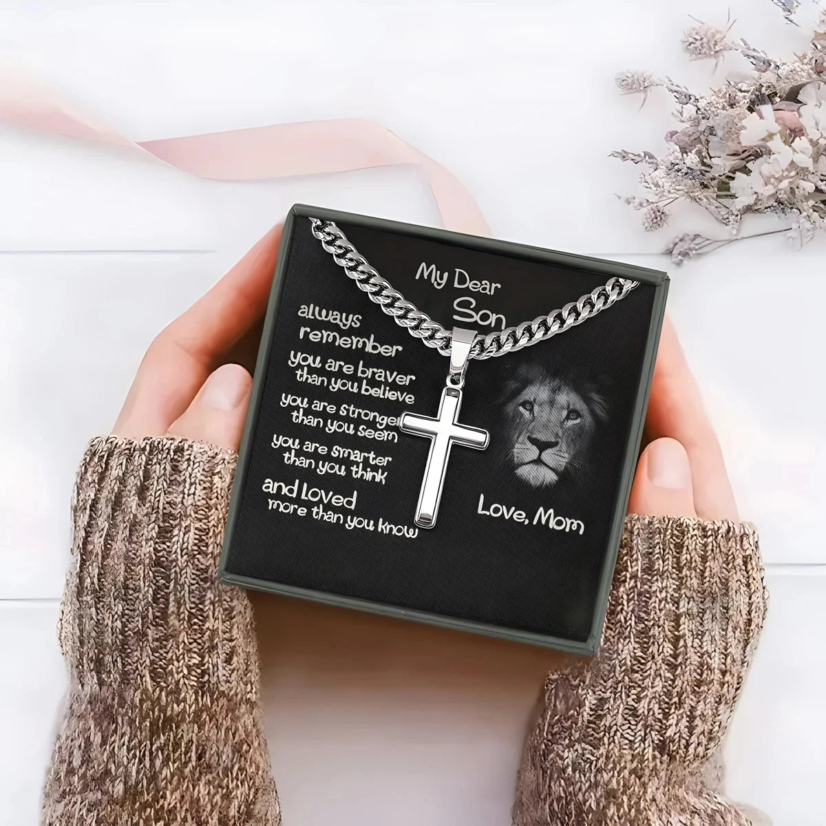 "My Dear Son Always Remember You Are Braver Than You" Believe Cross Necklace from Mom