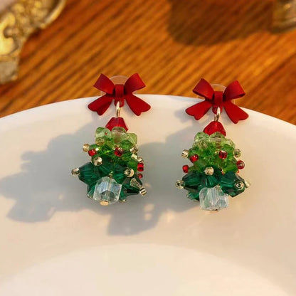 Red Bow Christmas Tree Earrings