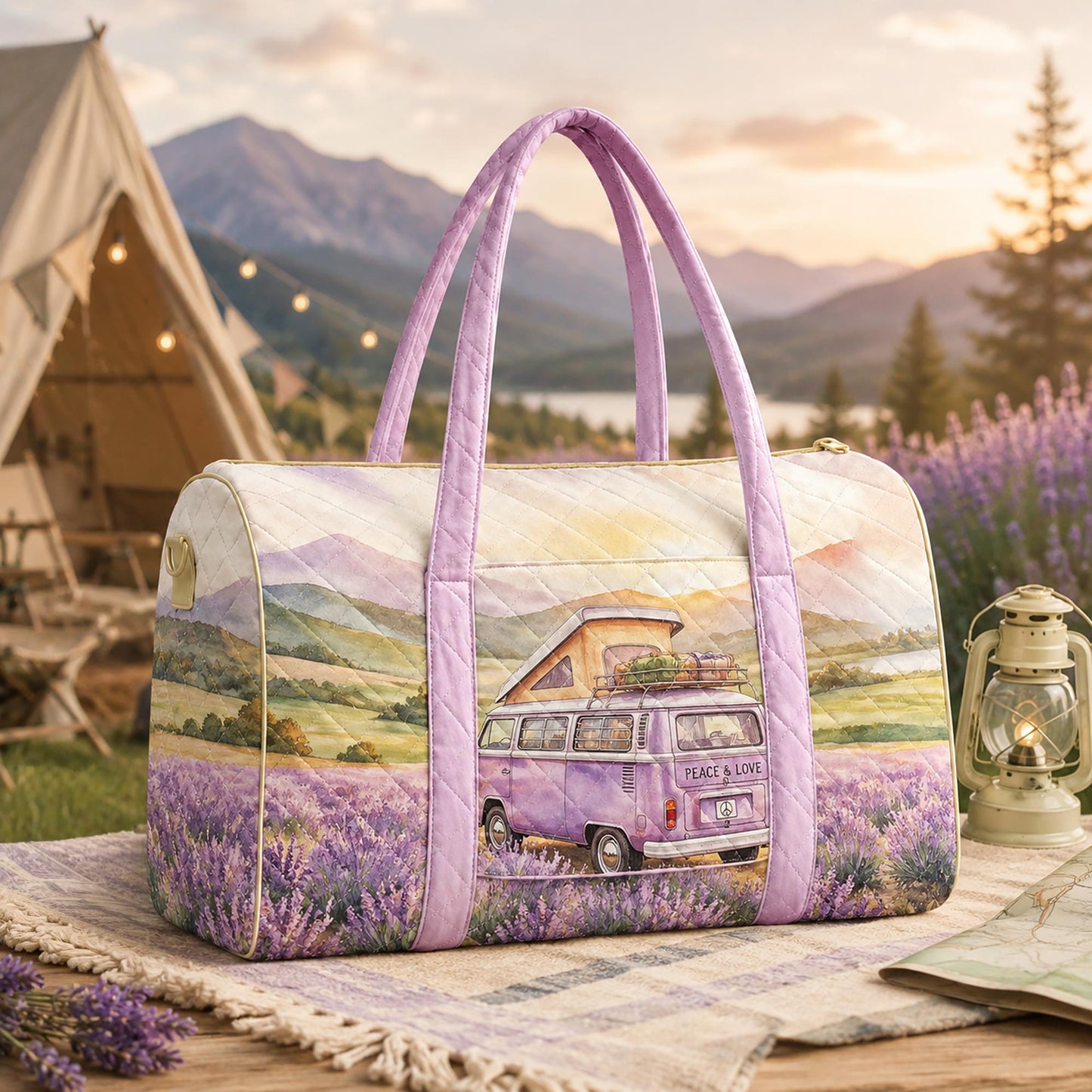 Vintage Peace & Love Bus Quilted Travel Bag CELV14