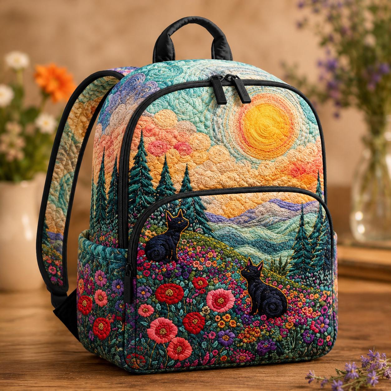 Cat & Wildflower Garden Quilted Backpack CETG10