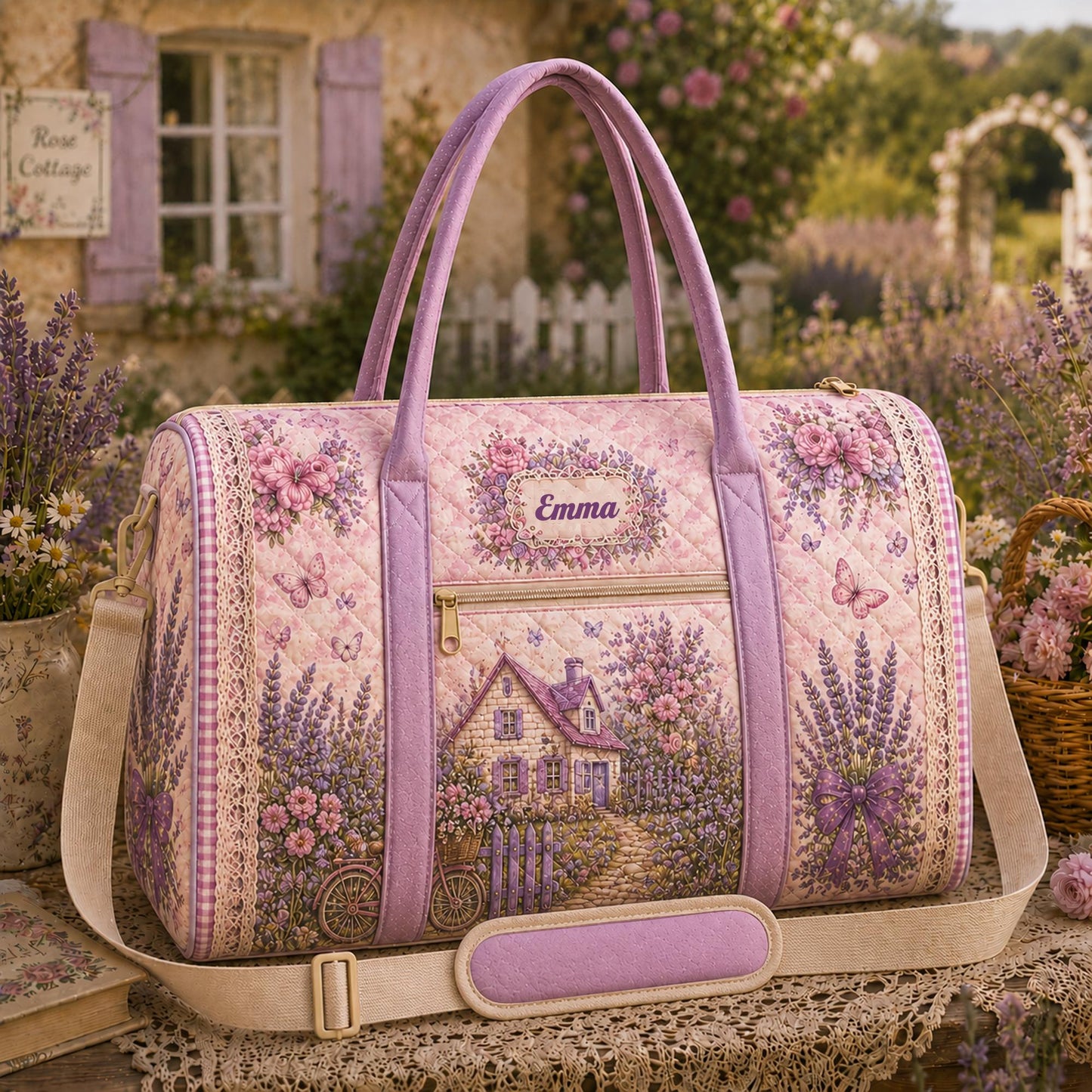 Custom Name Lavender Cottage Quilted Travel Bag CETP11