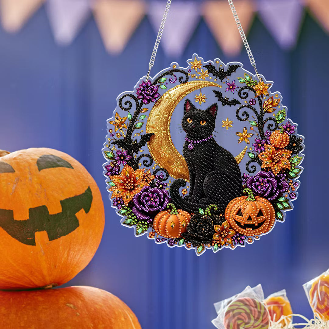 DIY Halloween Diamond Art - Black Cat & Moon Hanging Ornament