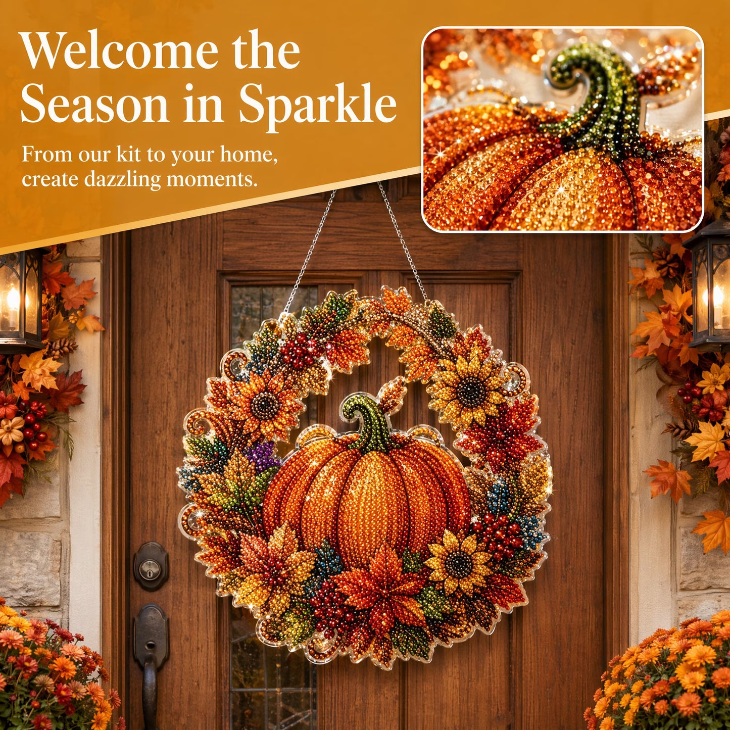 DIY Pumpkin Diamond Art Wreath Kit - Halloween Acrylic Door Hanging Decoration