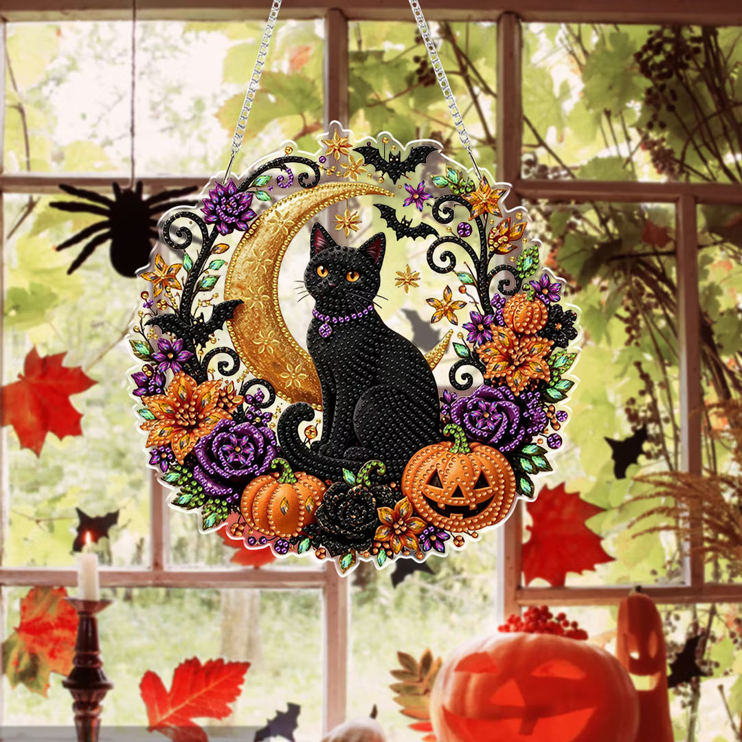 DIY Halloween Diamond Art - Black Cat & Moon Hanging Ornament