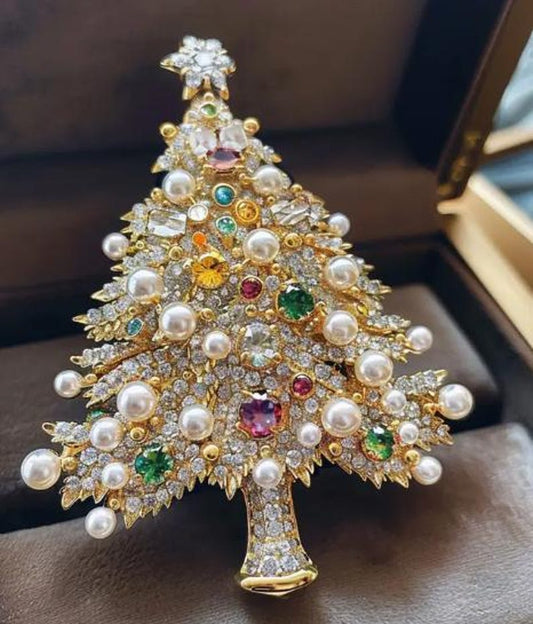 Crystal Christmas Tree Pearl Brooch